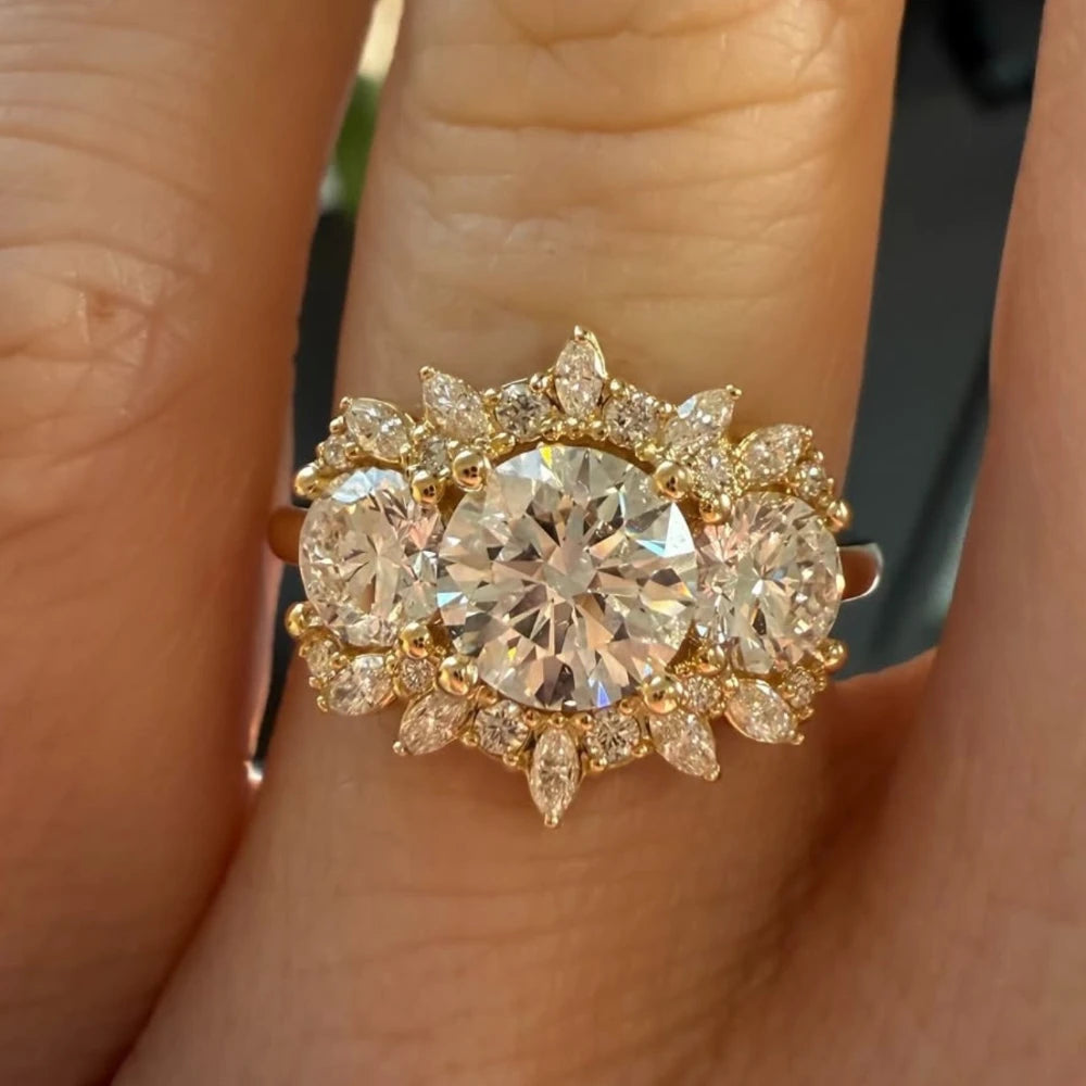 2CT Round Cut Moissanite Ring With Accents, .925 Sterling Silver- 18k Gold plated