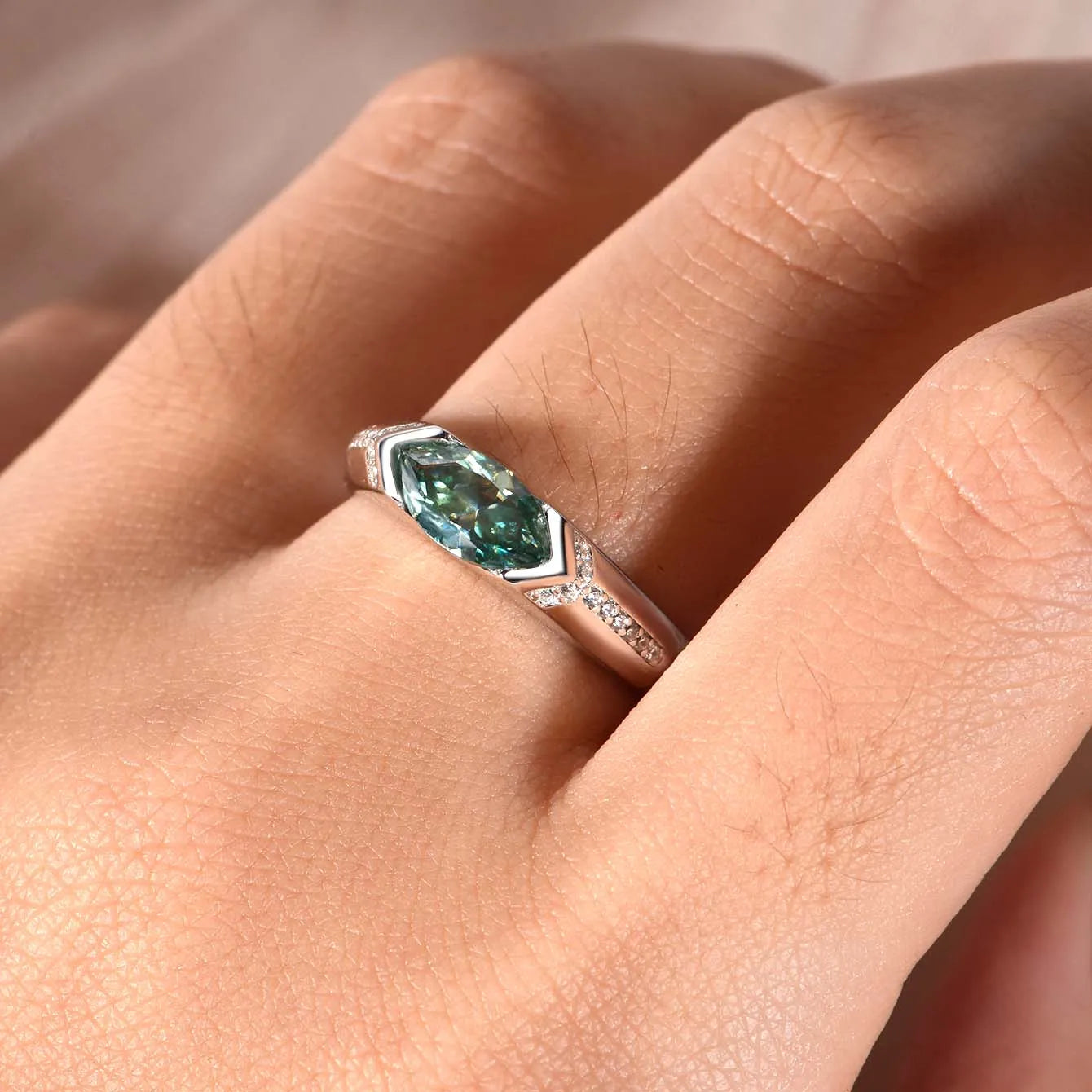 1CT Green Moissanite Marquise Style Ring, .925 Sterling Silver