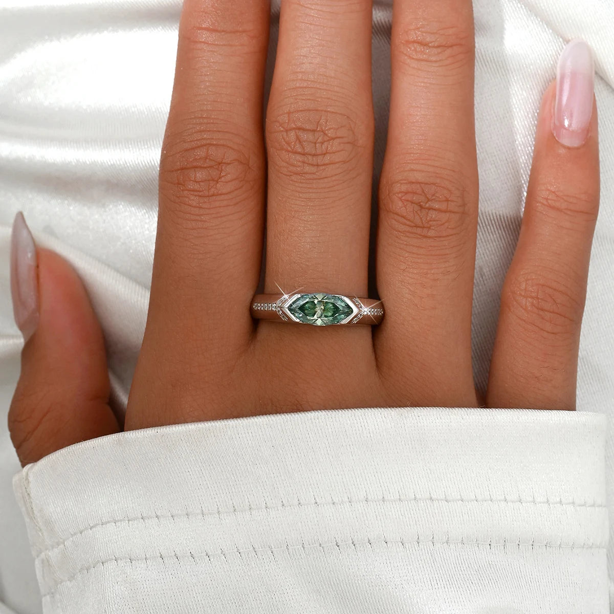 1CT Green Moissanite Marquise Style Ring, .925 Sterling Silver