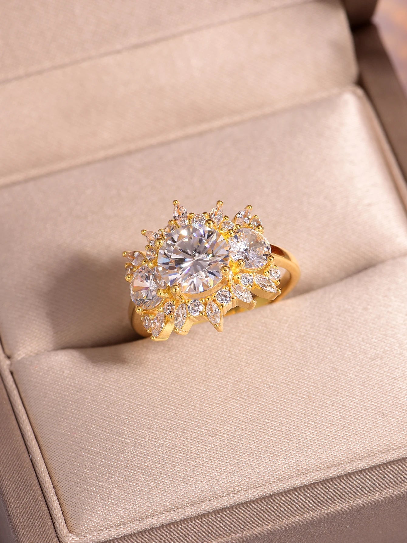 2CT Round Cut Moissanite Ring With Accents, .925 Sterling Silver- 18k Gold plated