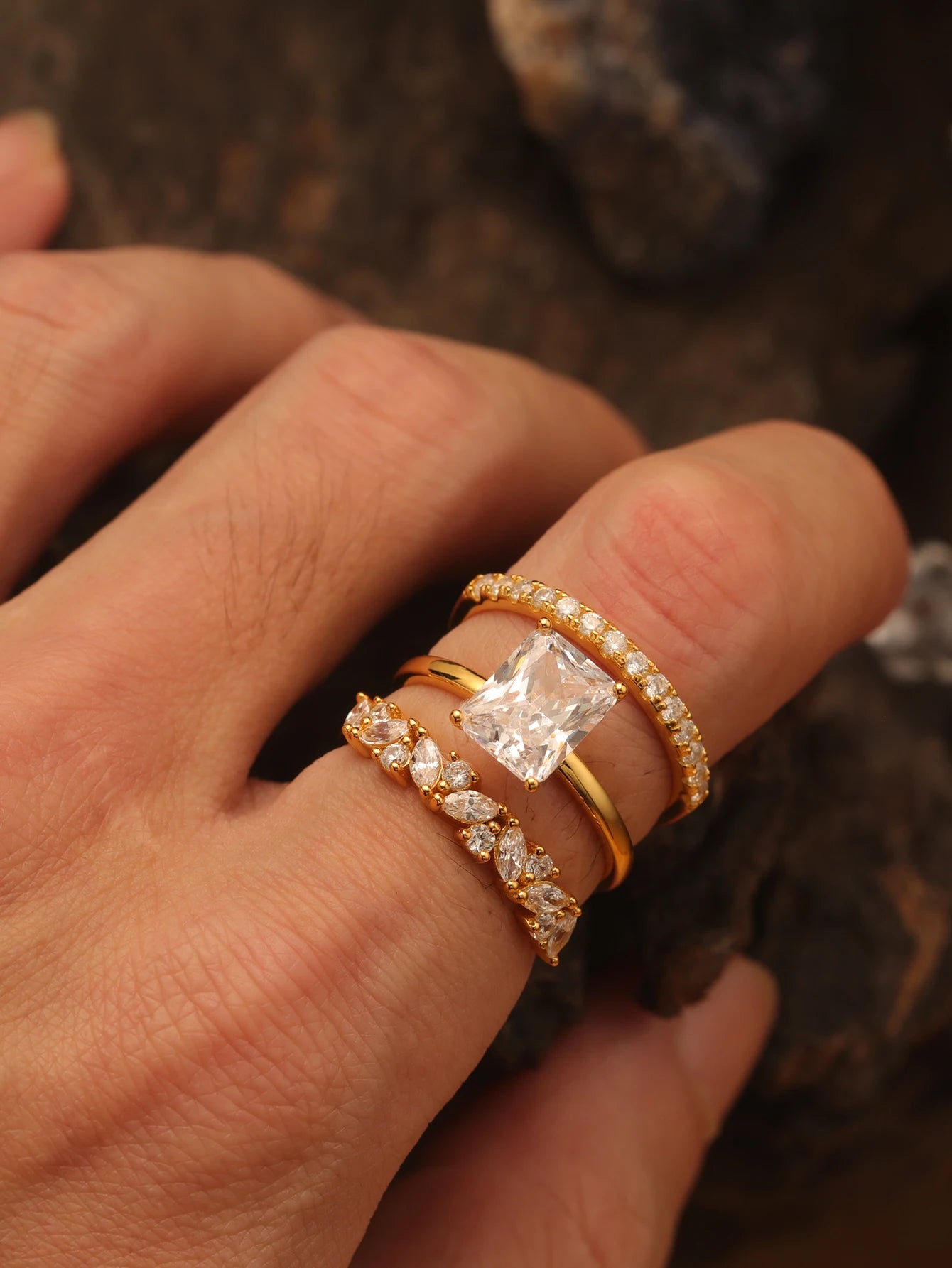 3CT Rectangular Moissanite Ring 3PC Set, .925 Sterling Silver- 18k Gold Plated