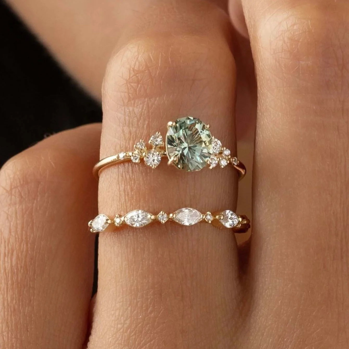 0.5CT Green Moissanite Ring 2PC Set, .925 Sterling Silver- 18k Gold Plated