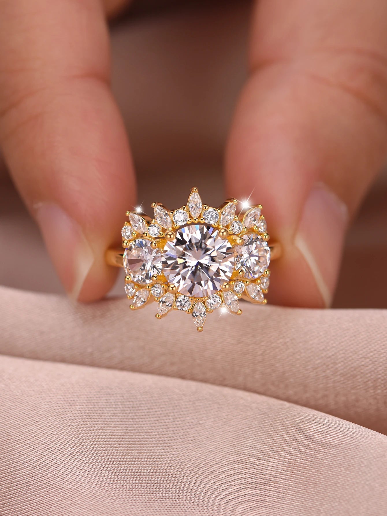 2CT Round Cut Moissanite Ring With Accents, .925 Sterling Silver- 18k Gold plated