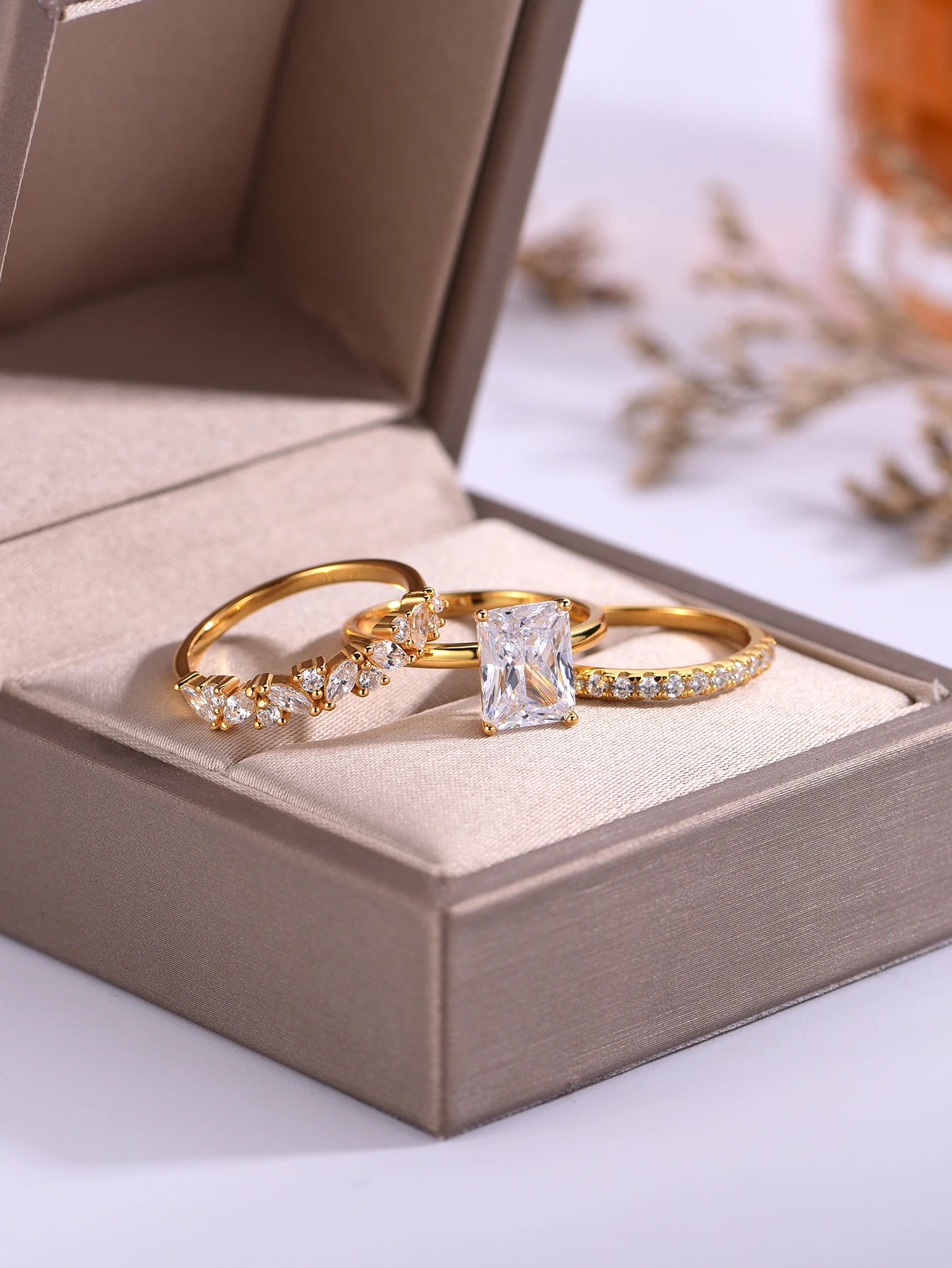 3CT Rectangular Moissanite Ring 3PC Set, .925 Sterling Silver- 18k Gold Plated