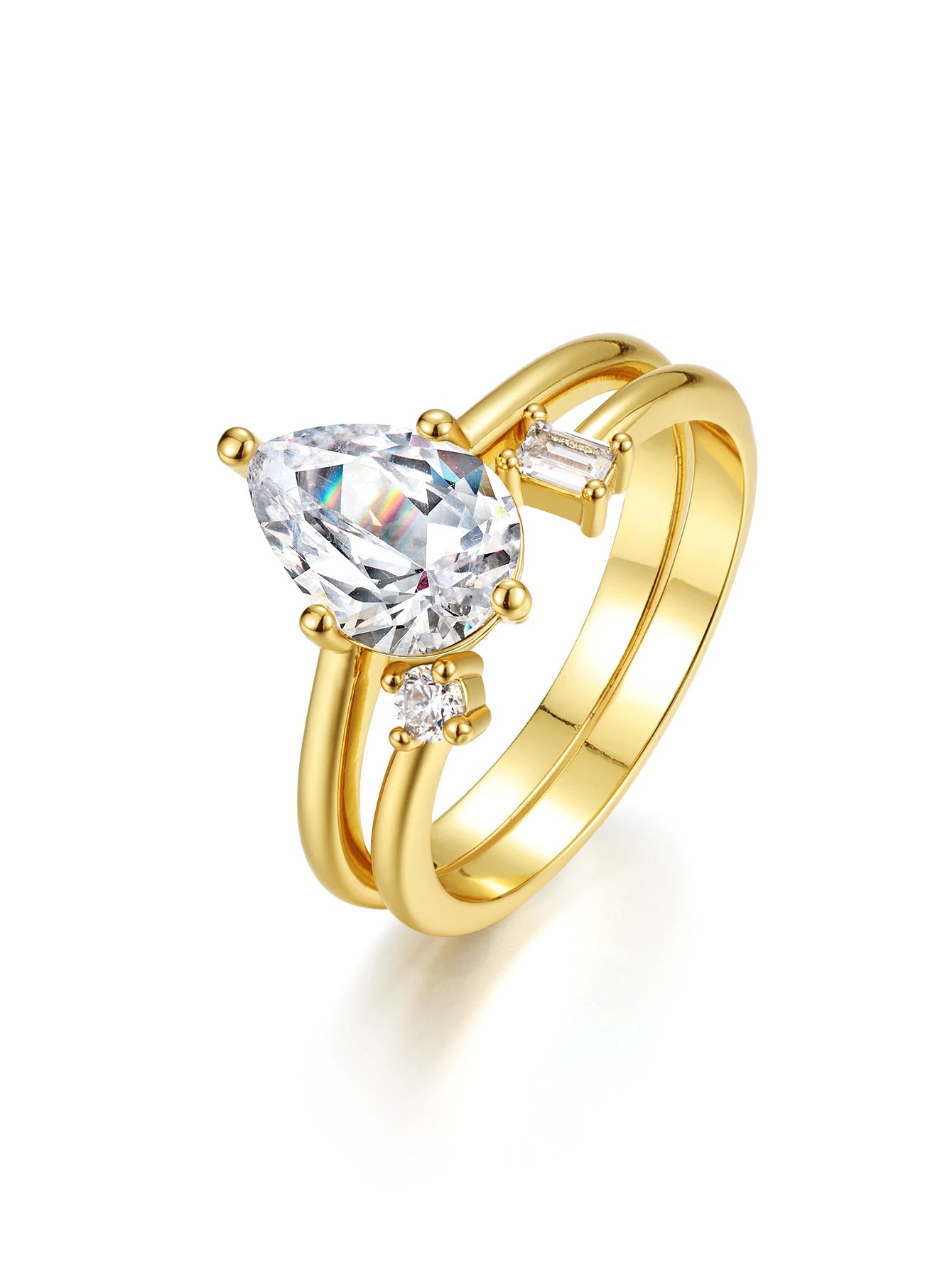 2CT Teardrop-Shaped Moissanite Ring 2PC Ring, .925 Sterling Silver- 18k Gold Plated