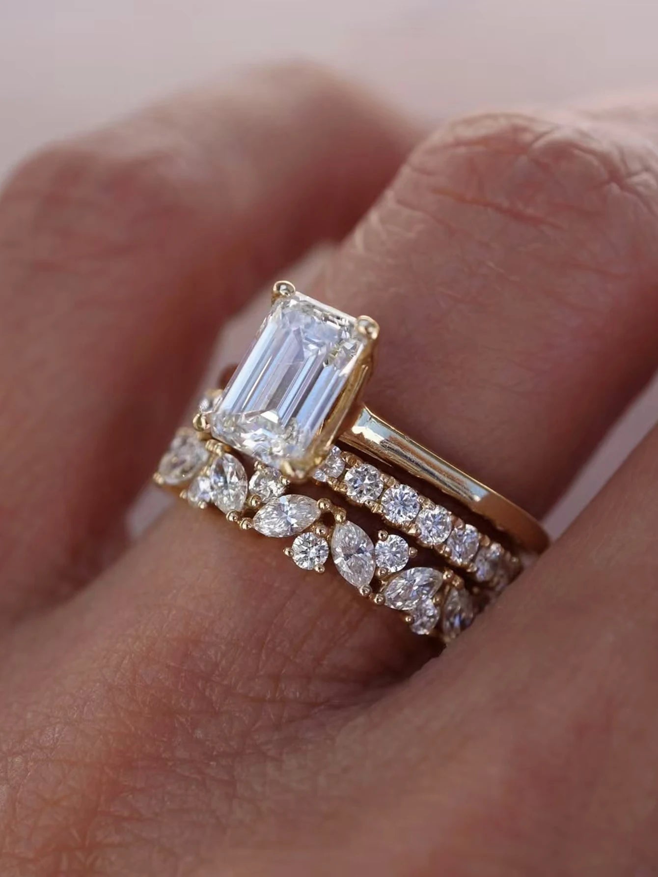 3CT Rectangular Moissanite Ring 3PC Set, .925 Sterling Silver- 18k Gold Plated